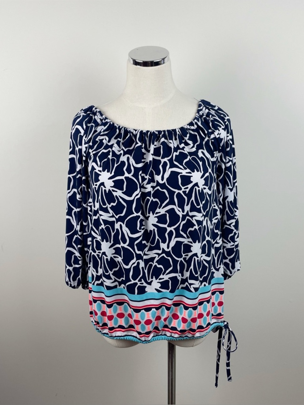 Kaari Blue Navy Blue White Pink Floral Blouse Top Women Medium Stretch